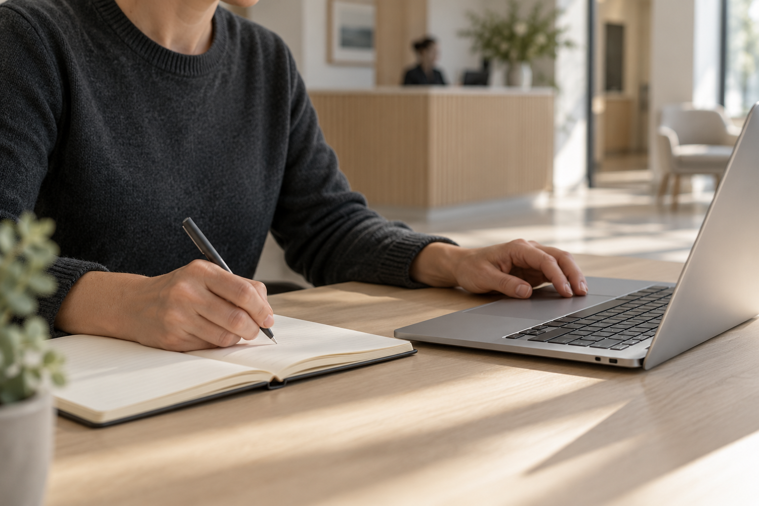 Hands making a note beside a laptop in a sunlit practice workspace